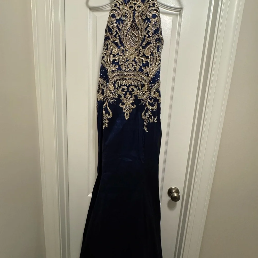 Jovani Blue and Gold Beaded Halter Prom Gown / Dress - Picture 9 of 16